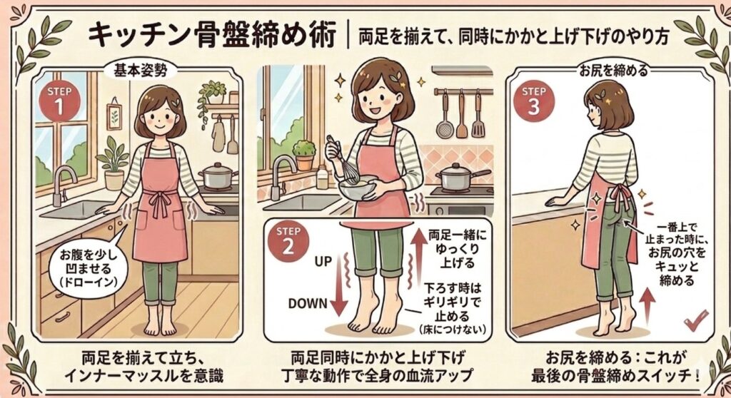 かかと上げ下げ、キッチン骨盤締め術