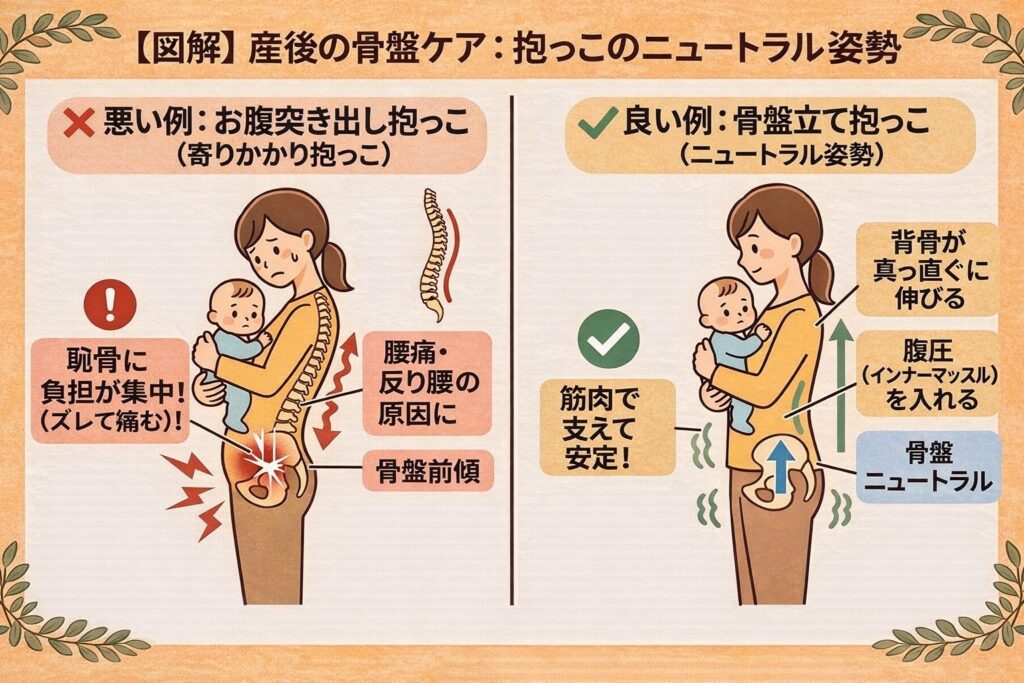 恥骨痛の原因になりやすいお腹突き出し抱っこと、負担がかかりにくい骨盤立て抱っこの図解