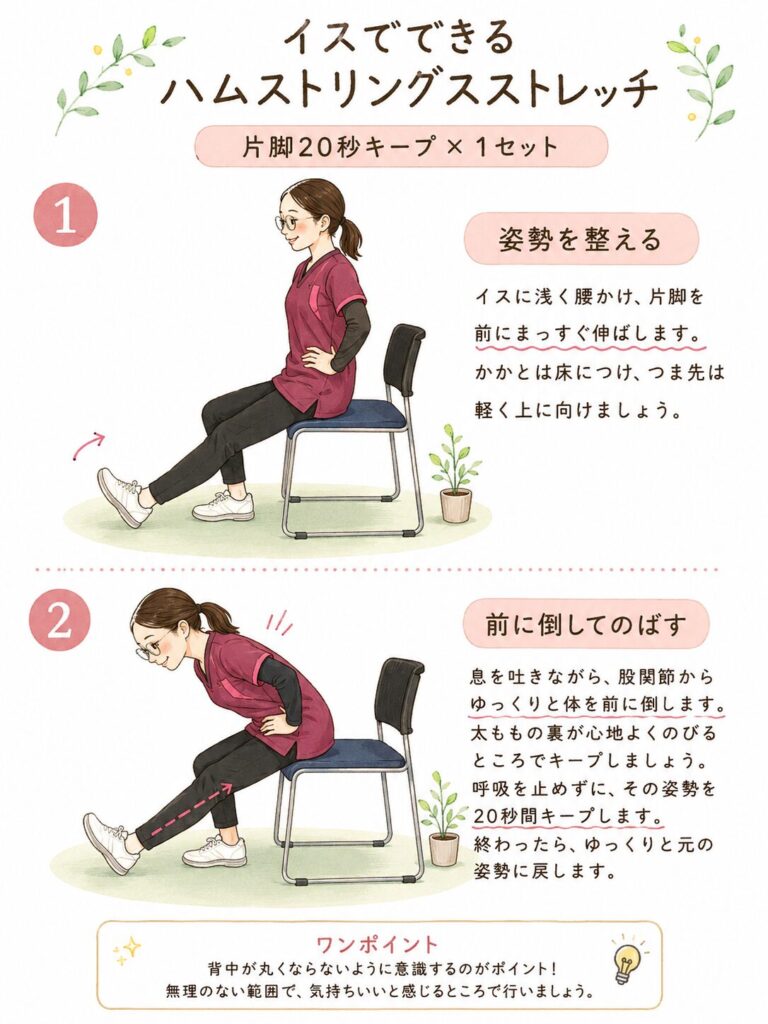 むくみ対策のストレッチの紹介。太ももの裏を伸ばす。