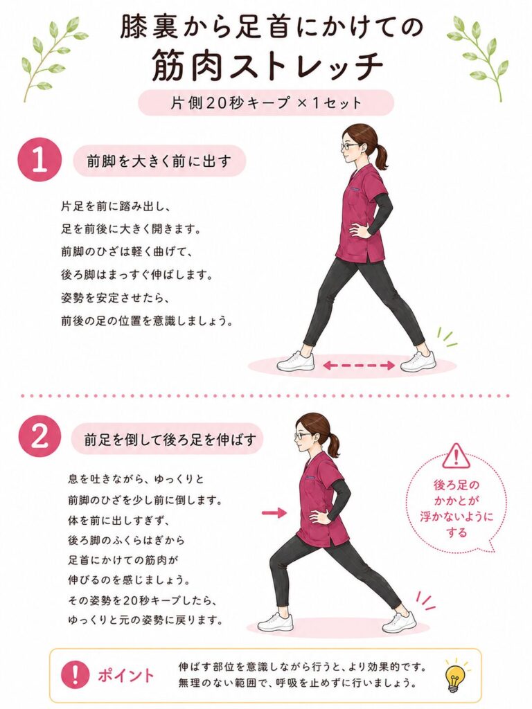 むくみ対策のストレッチの紹介。アキレス腱(ふくらはぎ)を伸ばす。