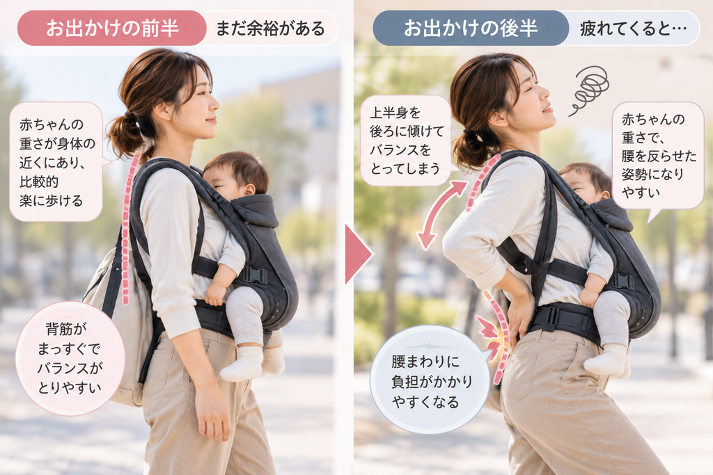 お出かけ後半、抱っこ紐をつけたまま少し上半身を後ろへ傾けて立っている場面
