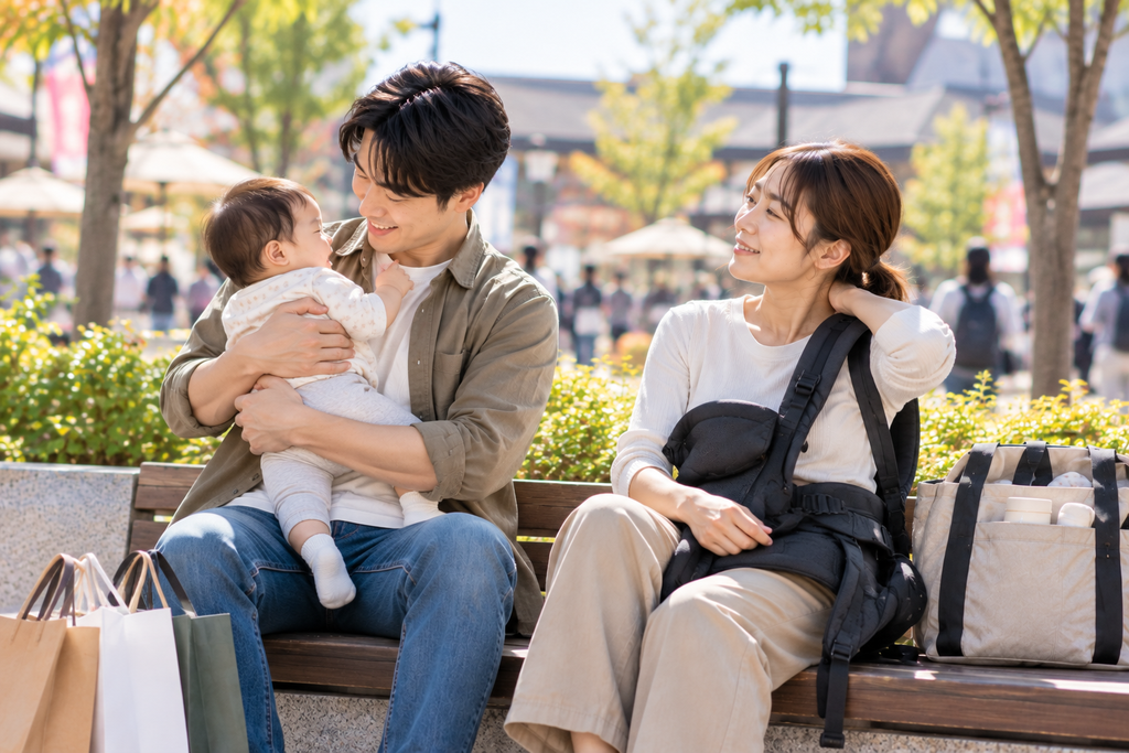 家族が赤ちゃんを抱っこし、抱っこ紐を外してベンチで休んでいるママ