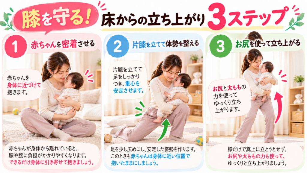 赤ちゃんを抱っこして床からの立ち上がり方