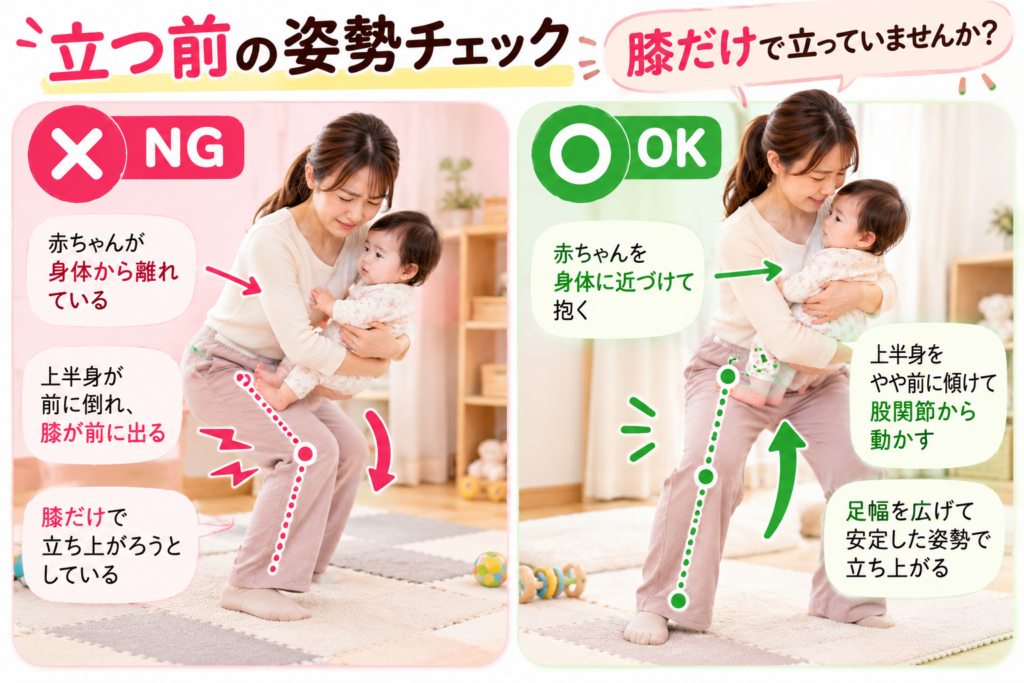 抱っこして立つ前の姿勢チェック
