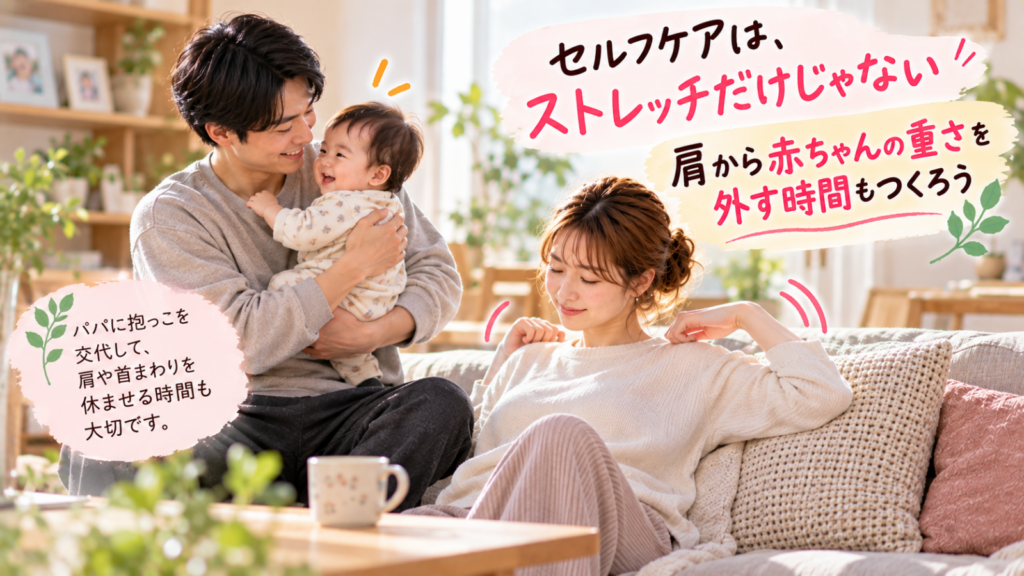 家族が赤ちゃんを抱っこし、ママがソファで肩を動かしながら休んでいる場面