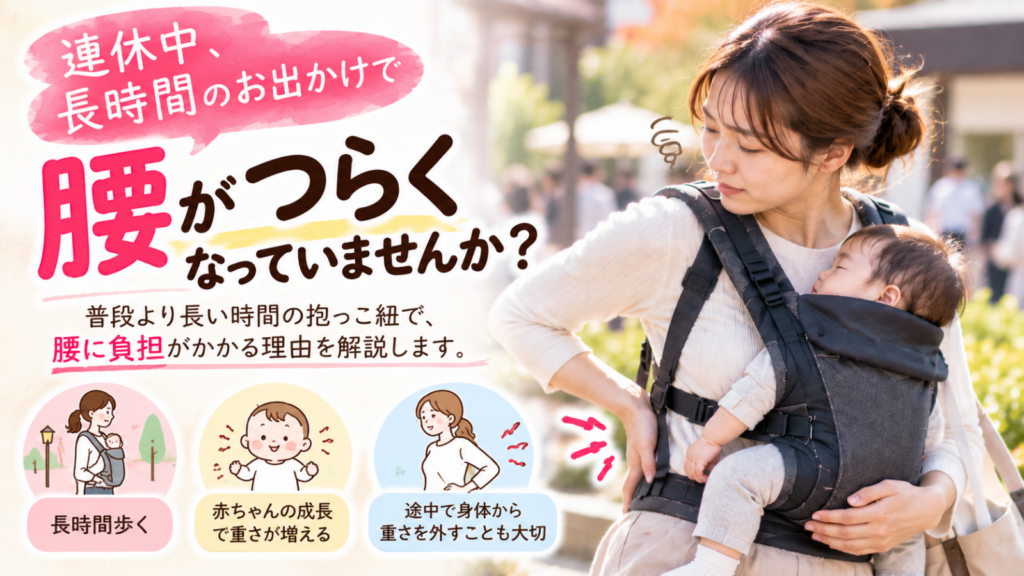 長時間の抱っこ紐で腰痛に?連休のお出かけで腰がつらい産後ママへ